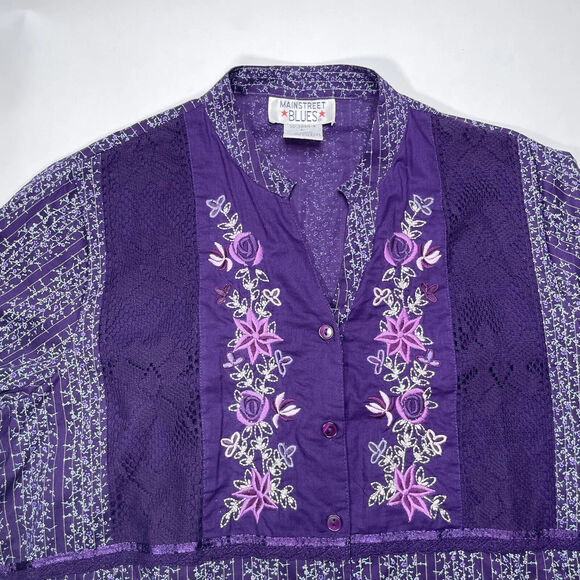 Vtg Mainstreet Blues Embroidered Purple Cotton Blend Button Blouse Size L Lace - Picture 4 of 9